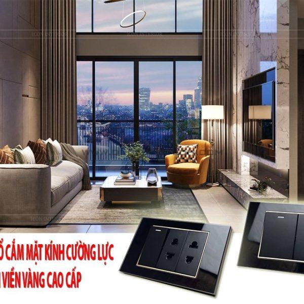 Công Tắc Ổ Cắm Điện Âm tường Mặt Kính Cường Lực Đen Viền Vàng TK-C18B-039 3 Glass 1